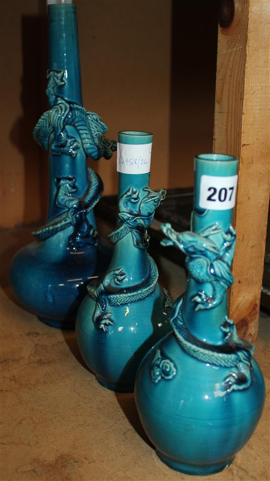 3 blue glazed dragon vases